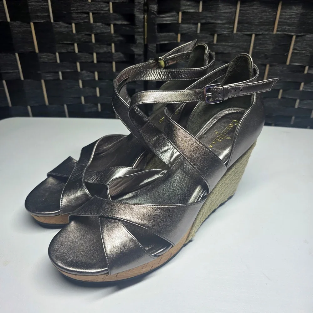 Cole Haan Nike Air Metallic Pewter Espadrille Wedge Sandals Shoes‎ Womens 10B
